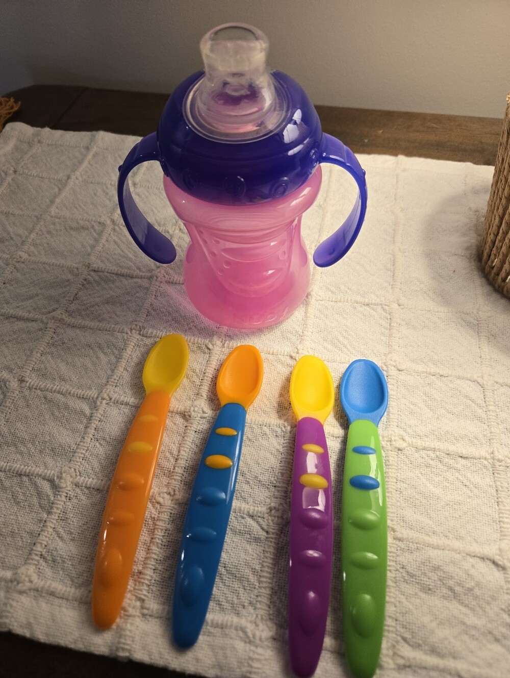 NUK Purple & Pink Training Sippy Cup with 4 Colorful Baby Spoons